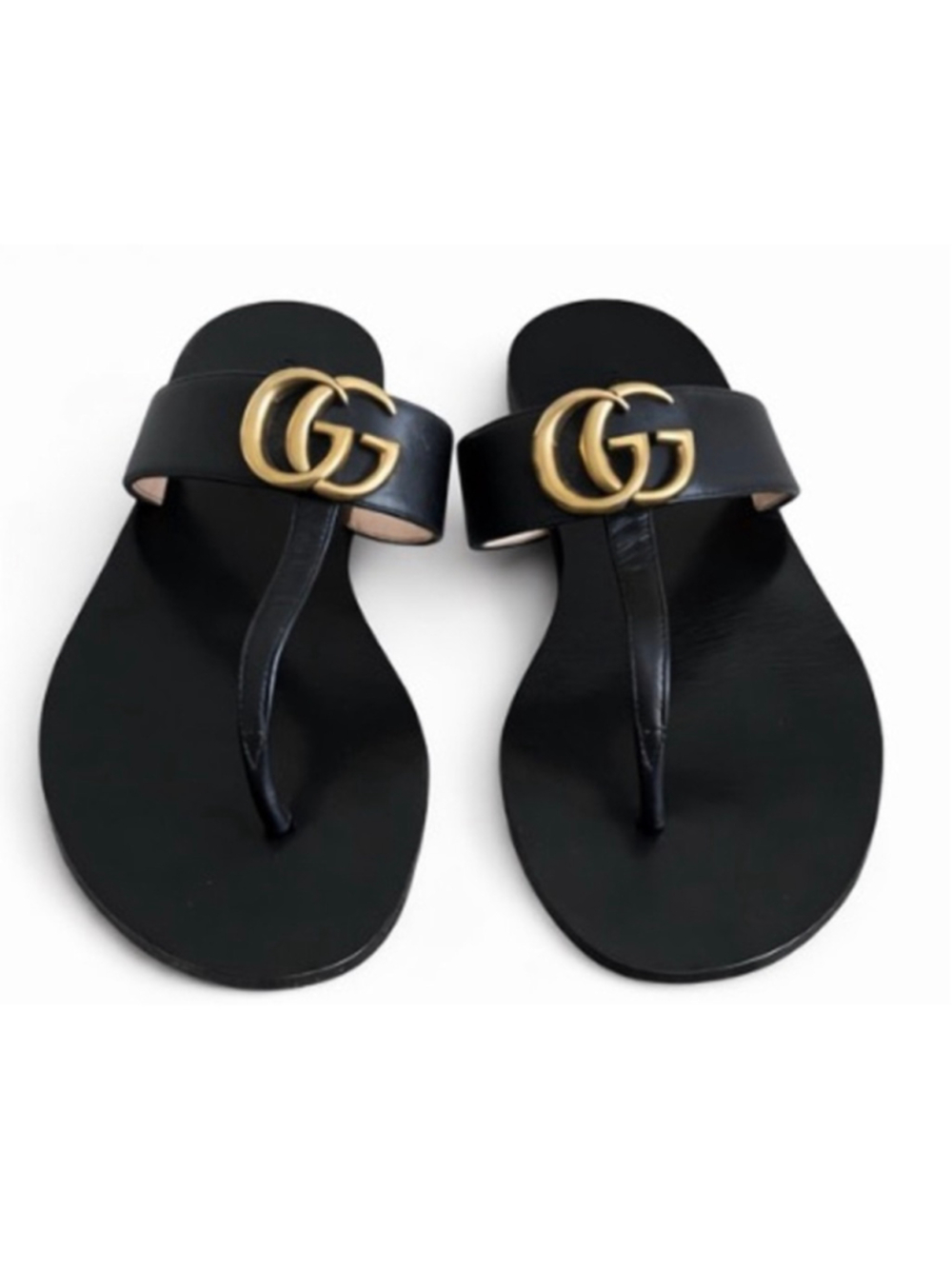 Gucci Black Leather GG Marmont Gold Logo Thong Sandals Size 7.5 - Picture 3 of 4